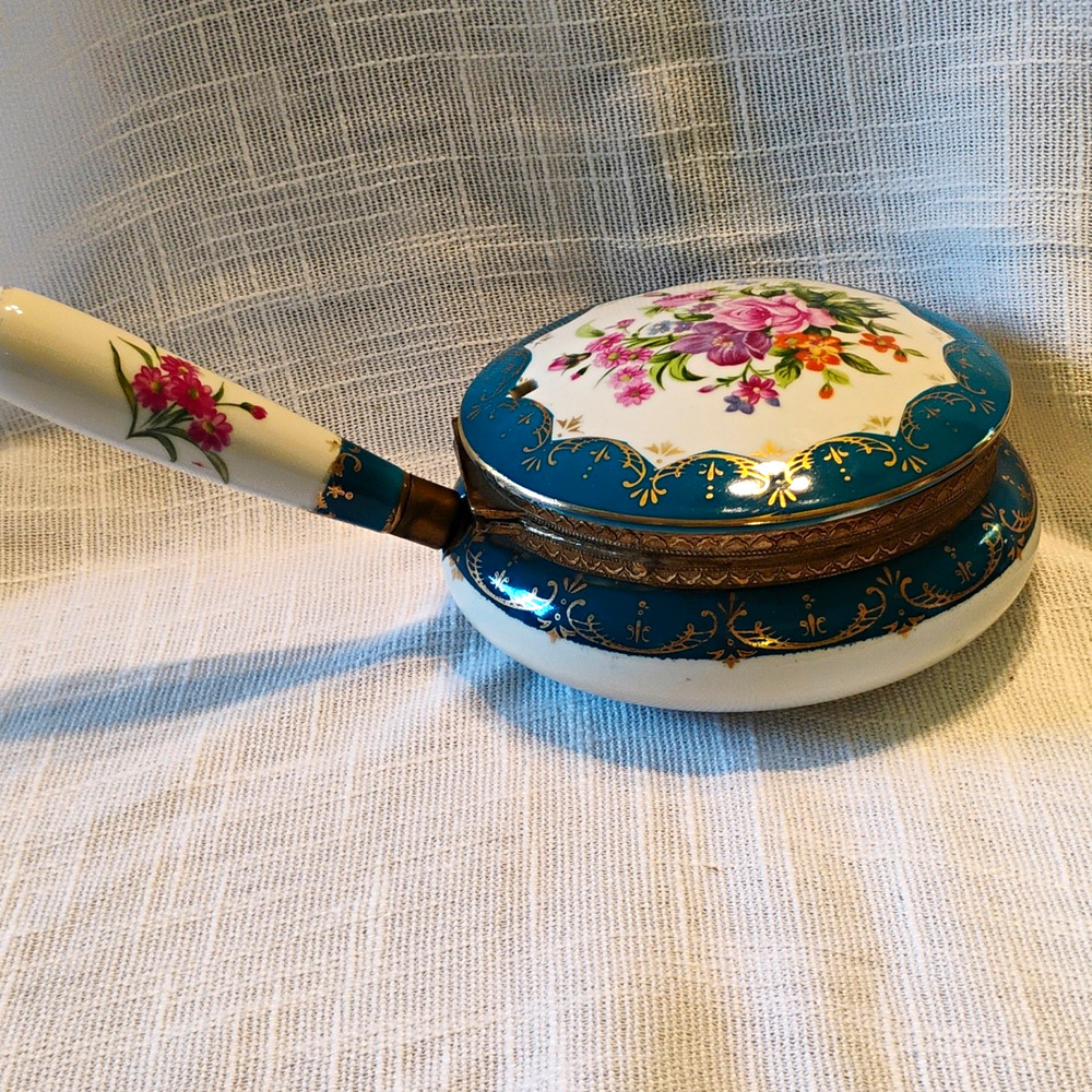 Round Porcelain Hinged Trinket Box with Handle Floral Blue Gold White